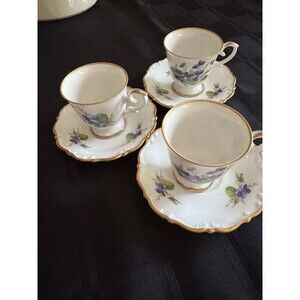 Hackefors  Swedish Porcelain Dematasse Cups and Saucers Violet Pattern set of 3